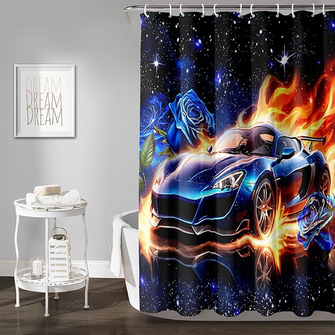 AILONEN Racing Car Shower Curtain for Bathroom, Blue Galaxy Starry Sports Cat Bath Curtain,Speed Car Shower Curtain for Kids Teen,Waterproof Curtain Bathroom 72" W*96" H Decor with 12 Plastic Hooks