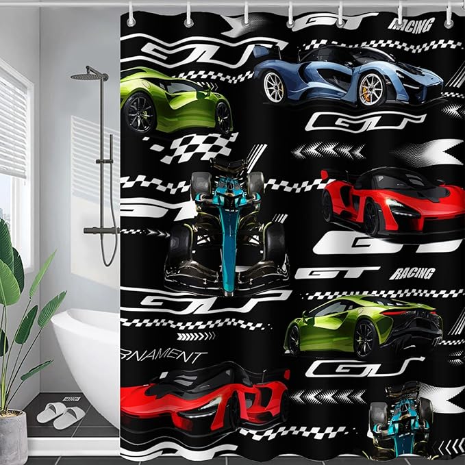 AILONEN Boys Racing Car Shower Curtain,Extreme Sports Car Bath Curtain for Kids Teen,Cool Speed Car Racer Waterproof Black Curtain for Bathroom Decor, 72" W x 84" H