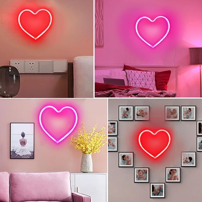 2-Pack Heart Neon Sign, Neon Heart Lights Battery Operated or USB Powered Decoration Lamp, LED Mothers Day Decoration Lights for Bedroom Girl's Room Birthday Party Wedding Christmas Décor (Pink & Red)