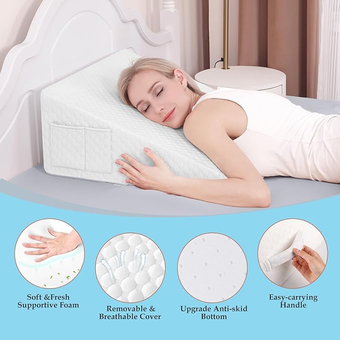 Forias Wedge Pillow for Sleeping,10" Bed Wedge Pillow for After Surgery,Acid Reflux,Snoring,Memory Foam Top Triangle Pillow Wedge with Breathable Removable Cover