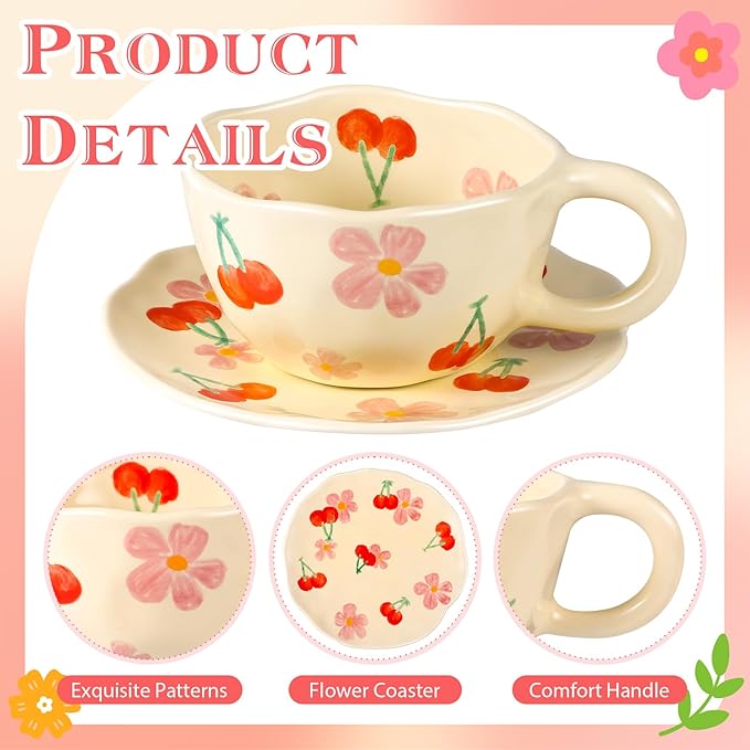 Cappuccino Cups with Saucers 8 oz Latte Art Cup Ceramics Coffee Mugs Irregular Aesthetic Flower Cups for Espresso, Double Shot, Americano, Latte, Tea - Microwave and Dishwasher Safe (Pink Cherry)