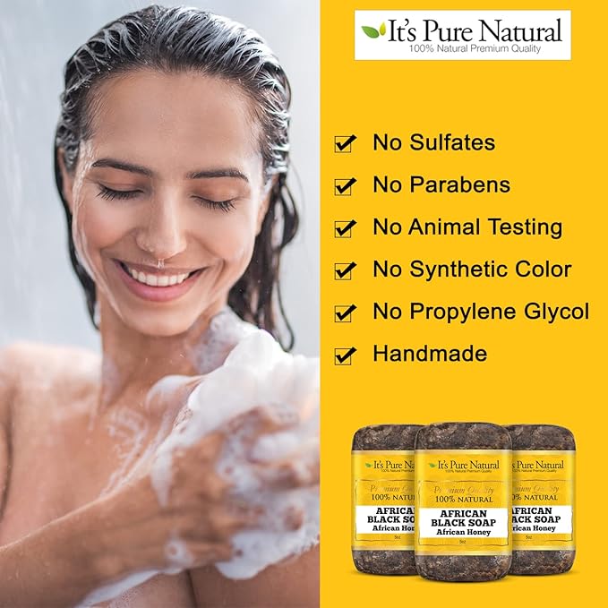 It's Pure Natural African Black Soap Bars with African Honey (Pack of 3) Organic Raw Soap for Face & Body, Acne Treatment & Dark Spot Remover [Made in Ghana]