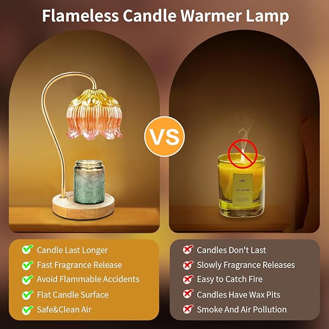Dimmable Flower Candle Warmer Lamp, Orange Candle Warmer with Timer & 4Bulbs, Womens Gifts for Christmas Birthday, Unique Home Decor for Bedroom Living Room Decor Aesthetic
