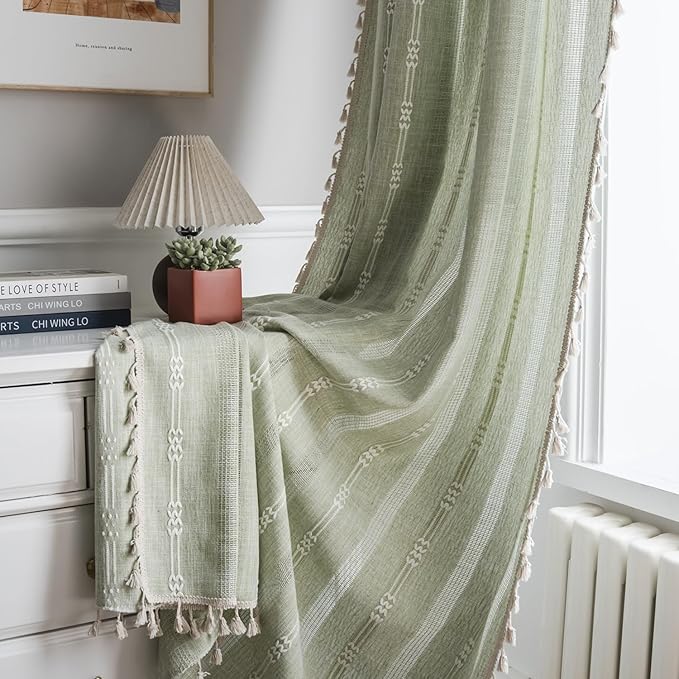 ColorBird Sage Curtain 84 inch Length, 2 Panels Farmhouse Linen Curtains for Living Room, Light Filtering Embroidered Curtains & Drapes for Dining Bedroom Nursery Doorways