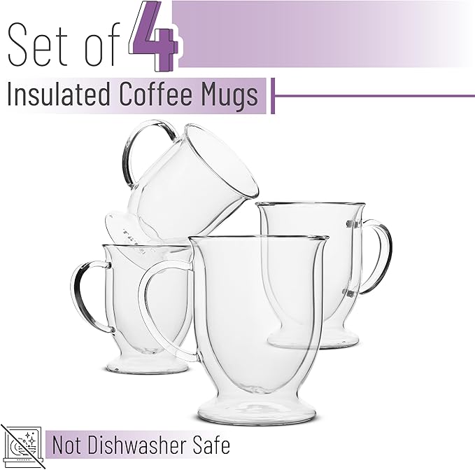 BTaT- Coffee Mug Set of 4 (12oz, 350ml) Double Wall Glass Coffee Cups, Tea Cups, Beer Glasses, Clear Mugs, Glass Cups