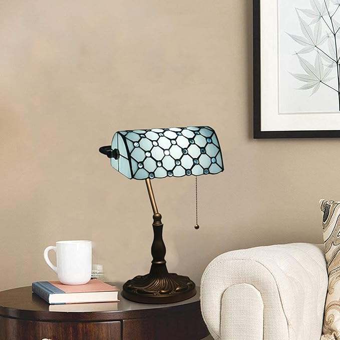 Tiffany Style Bankers Table Lamp Stained Glass Piano Desk Lamp Vintage Bedroom Bedside Lamp for Study,Antique Alloy Base,Zipper Switch,Blue a