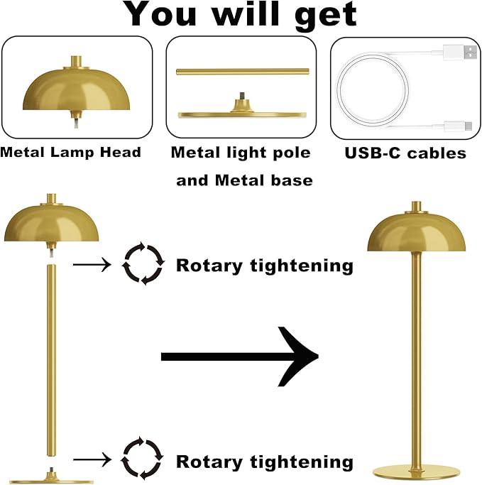 2 Pack Cordless Table Lamp, 5000mAh Portable Rechargeable Table Lamp, 3 Color Modes Stepless Dimming Table Light with Memory Function, for Dinner, Patio, Home, Restaurant.(Brushed Gold)