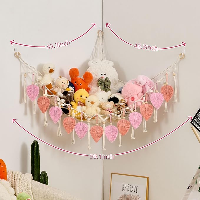 Pretty Jolly Macrame Leaf Wall Hanging Storage Hammock, 59" Boho Corner Organizer with Tassels, Stuffed Animal Plush Holder for Kids Room Nursery Decor (Leather Pink & Light Pink)