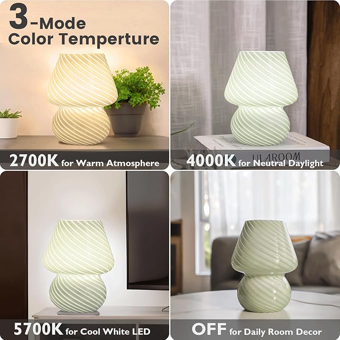 USB Plug-in Mushroom Lamp Small Bedside Table Lamp with 3 Temperature LED Bulb,Free Dimming Nights Light for Bedroom/Living Room/Entryway/Corner Decor (Stripe Green)