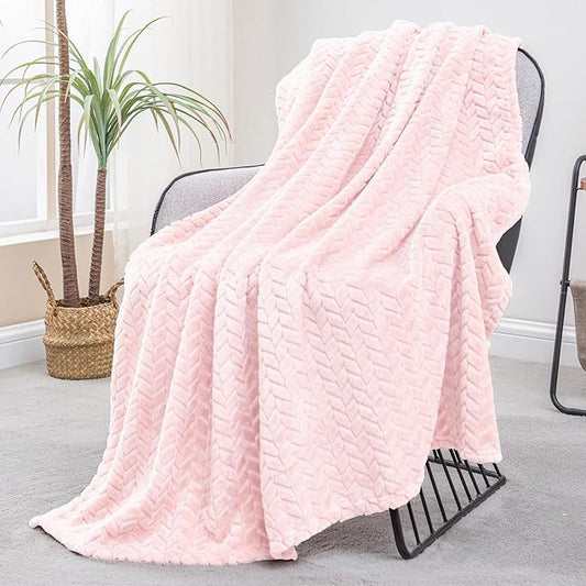 Exclusivo Mezcla Light Pink Fleece Throw Blanket for Couch and Bed, 50x70 Inches Soft Cozy Jacquard Flannel Blankets, Lightweight Fuzzy Plush Warm Throws for All Seasons