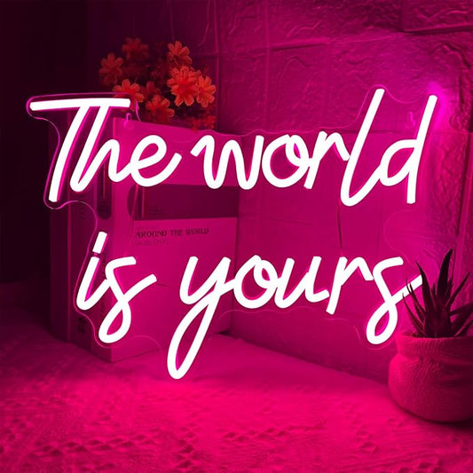 The World is Yours Neon Sign, Dimmable Word Lights for Wall Decor, Pink LED Neon Signs, World Neon Light up Sign for Bedroom Office Graduation Party Girl Room Birthday Present Engagement Valentine