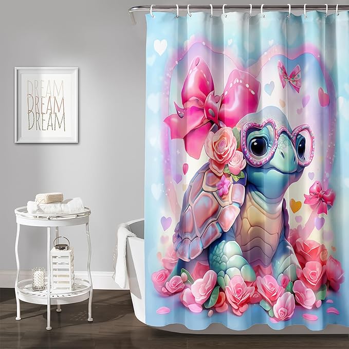 AILONEN Cute Sea Turtle Shower Curtain for Bathroom,Kawaii Turtle Pink Flower Print Bath Curtain 72" W*96" H,Girls Women Modern Decorative Waterproof Curtain with 12 Plastic Hooks