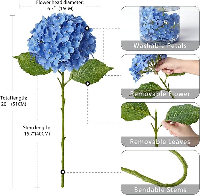 4 Pcs Royal Blue 20 inches Real Touch Hydrangea Artificial Flowers Boho Lifelike Real Looking Latex Hydrangeas Flower with Long Stem for Indoor Living Room Spring Home Decor Table Flower