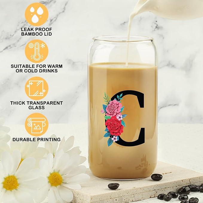 Gifts for Women, 16OZ Initial Glass Cups w/Lid Straw, Flower Tumbler, Aesthetic Cup, Monogrammed Iced Coffee Cup, Mother's Day, Birthday, Summer Break Gifts for Mom Daughter Sister Friend - Letter C