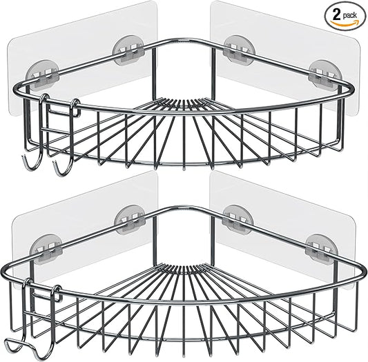 Shower Shelf for inside Shower, Shower Shelf Corner, Shower Corner Caddy, Adhesive Shower Caddy, Shower Wall Caddy, Stainless Steel Shower Caddy Suction No Drill 2 Pack Silver