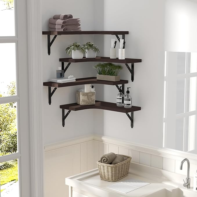 Corner Floating Shelves Wall Mounted Set of 4, Rustic Wood Storage Display Wall Shelves for Home Decor, Bathroom, Kitchen, Bedroom, Living Room, Office (Brown)