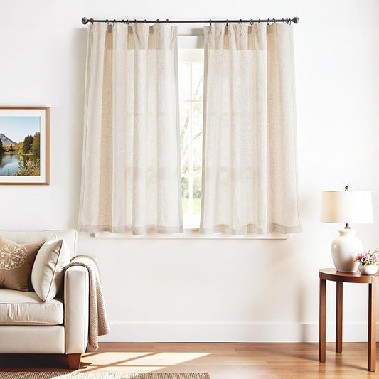 jinchan Beige Linen Blend Curtains 63 inch Length 2 Panels for Bedroom Living Room, Semi Sheer 50 inch Wide Farmhouse Cottage Core Style Drapes with Rod Pocket Back Tab(50W x 63L, Ecru)