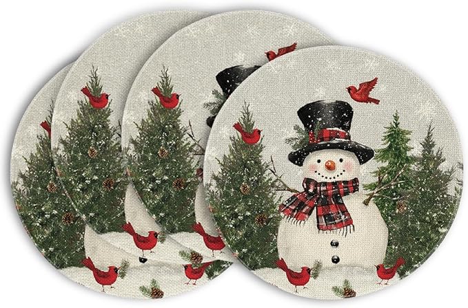 Artoid Mode Snowman Trees Snowflakes Christmas Round Placemats Set of 4, 14 Inch Grey Winter Round Table Mats for Dining Decoration