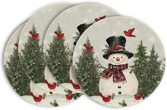 Artoid Mode Snowman Trees Snowflakes Christmas Round Placemats Set of 4, 14 Inch Grey Winter Round Table Mats for Dining Decoration