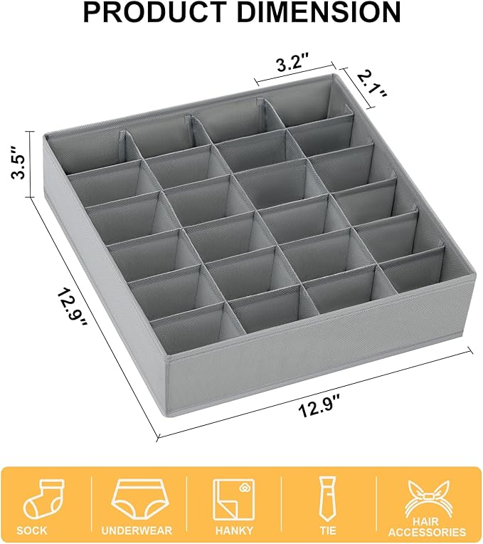 Joyoldelf Sock Organizer Drawer Organizer - Underwear Organizer, 24 Cell Collapsible Closet Organizers and Storage Sock Holders Organizers for Storing Socks, Ties, Belts 6 Pack