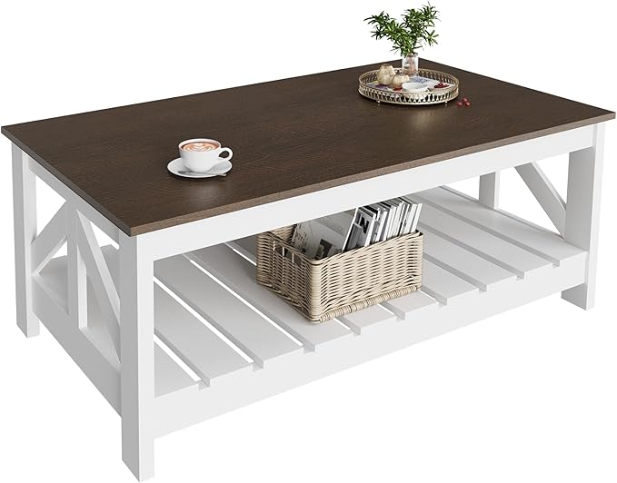 YESHOMY 39" Farmhouse Coffee Table, Coffee Tables for Living Room, Farmhouse Square Coffee Table with Storage, Couch Table, Small Tables for Small Spaces, Brown and White
