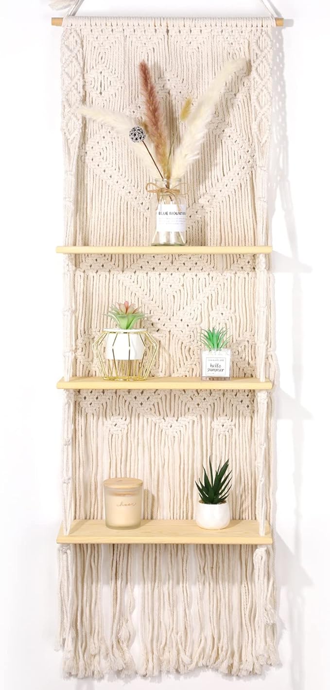 Macrame Wall Hanging Shelf for Decor, Boho Bathroom - Bohemian Decor Bedroom, Living Room 3 Tier Small Plants, Handmade Large Eclectic Home-（White）