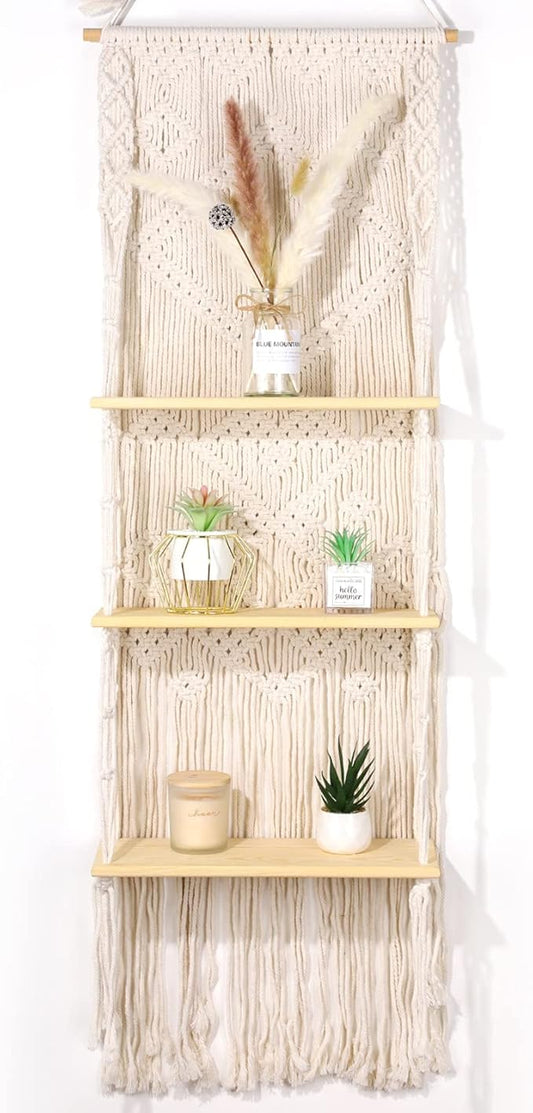 Macrame Wall Hanging Shelf for Decor, Boho Bathroom - Bohemian Decor Bedroom, Living Room 3 Tier Small Plants, Handmade Large Eclectic Home-（White）