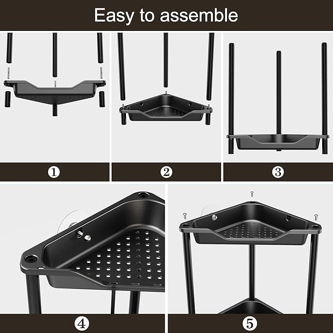 Orimade Rustproof 2 Tier Floor Standing Corner Shower Caddy Organizer, Plastic Metal Splicing Floor Corner Shelf Rack Stands for Bathroom, Black