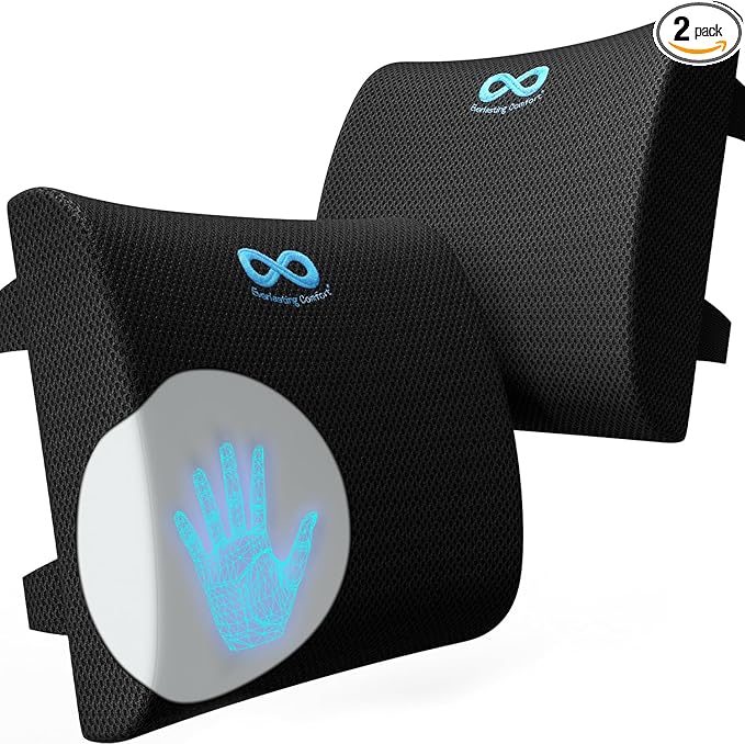 Everlasting Comfort Lumbar Support Pillow for Office Chair - Memory Foam Back Cushion for Chair, Car, Couch - Lumbar Pillow Promotes Better Posture, Back Pain Relief - Gaming and Desk Chairs - 2 Pack