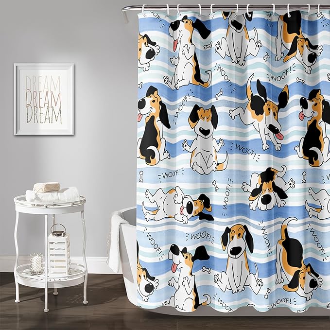 AILONEN Cartoon Dog Shower Curtain,Funny Beagle Active Dog Printed Shower Curtain, 72" W*84" H Waterproof Happy Cartoon Pet Dog Curtain with Grommets and 12 Hooks
