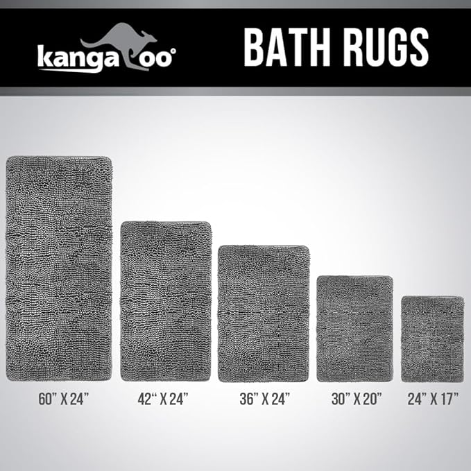 KANGAROO Bathroom Rugs, Chenille Soft Absorbent Bath Rug, Shaggy Shower Mat, Quick Dry Machine Wash Bathmat, Plush Carpet Mats for Tub, Bathtub and Room Home Decor Accessories, 24x17, Gray