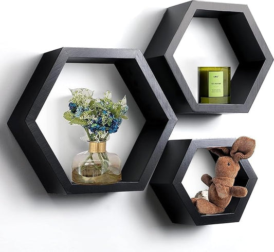 DD DEFINED DECO Set of 3 Pine Wood Hexagon Shelves for Wall Decor,Wall Mounted Floating Shelves,Farmhouse Honeycomb Living Room,Hanging Rustic Shelf Racks Bedroom,Nursery, Black, (B2C230007-3SET)