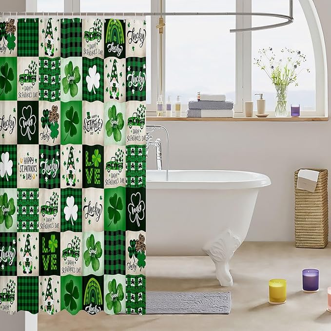 Manfei Happy St. Patrick's Day Kids Shower Curtains,Cartoon Gnomes Leaves Irish Bathroom Curtains for Girls Boys,Geometric Plaids Grids Green Retro Waterproof Curtains,12 Hooks Suits,72" W x 78" L