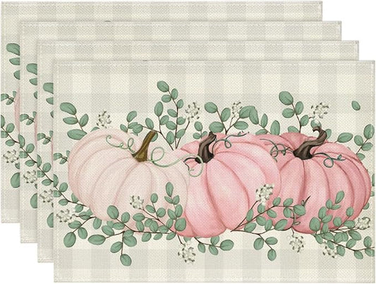 Artoid Mode Buffalo Plaid Pink Pumpkins Eucalyptus Fall Placemats Set of 4, 12x18 Inch Autumn Thanksgiving Table Mats for Party Kitchen Dining Decoration