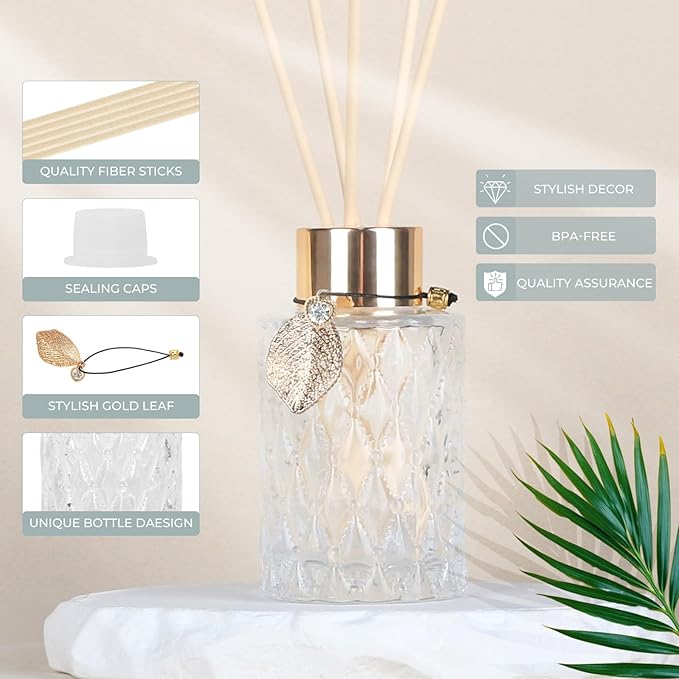 4Pcs Reed Diffuser Set with Metal Golden Decoration, 4.2oz Empty Reed Diffuser Bottles with 20Pcs Reed Diffuser Sticks, Unique Design Bottles for Home and Office(Cylinder)