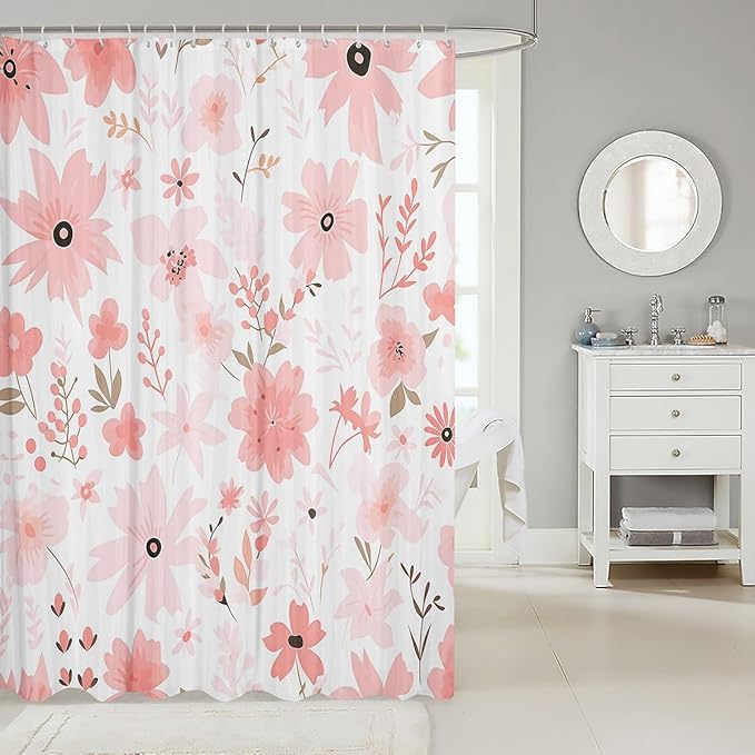 Feelyou Pink Flower Fabric Shower Curtain Floral Flower Shower Curtain for Boys Girls Flower Botanical Bathroom Waterproof Accessories with 12 Hooks Nature Plants Curtains,72x84 Inches