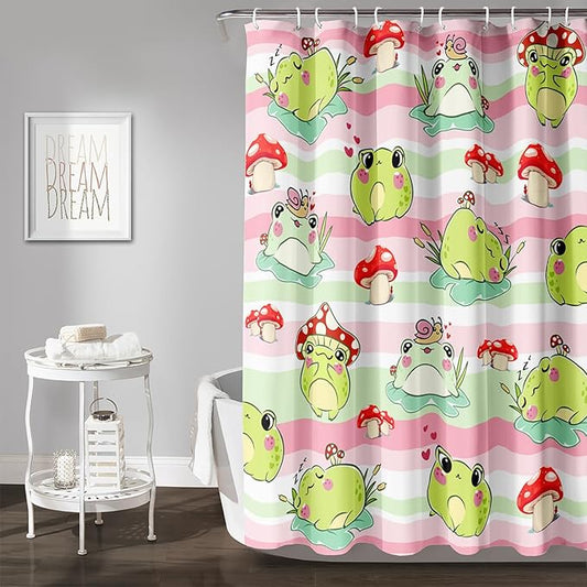 AILONEN Cute Frog Shower Curtain, Cartoon Mushroom Frog Printed Shower Curtain, 72" W*78" H Waterproof Green Wild Animals Kawaii Curtain with Grommets and 12 Hooks