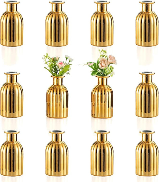 NUPTIO Bud Vases Small Gold: 12 Pcs Glass Vase Set in Bulk for Flowers - Mini Vintage Flower Bottle Single Assorted Vases for Wedding Table Centerpieces