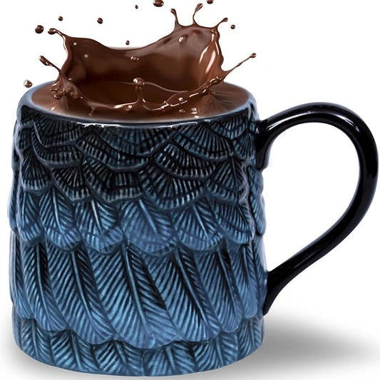16 oz Coffee Mugs with Handle - Vintage Ceramic Tea Cup Reusable for Pour Over Coffee Lover Gifts - Aesthetic Flat Bottom Tea Mug with 3D Feather Engraving, Microwave & Dishwasher Compatible