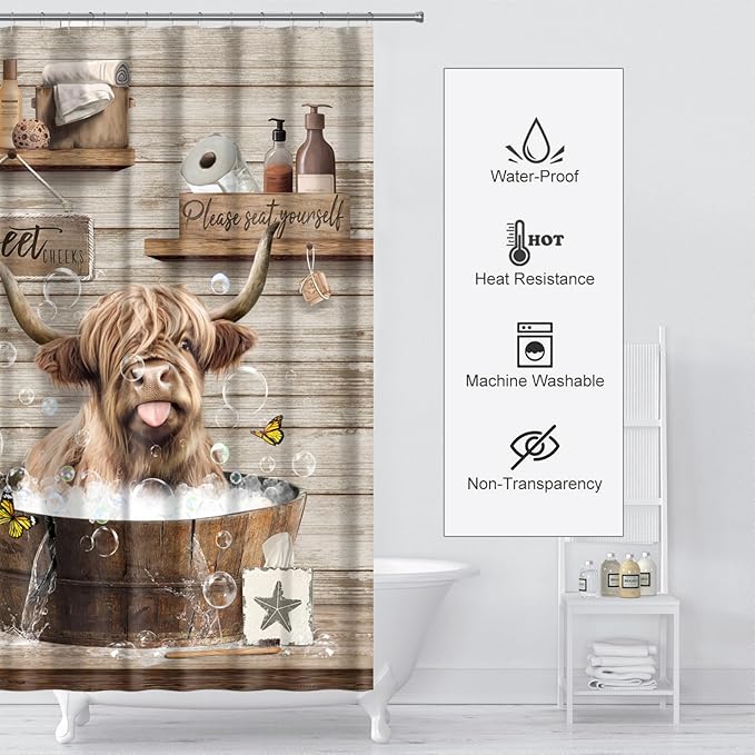 Farmhouse Highland Cow Shower Curtain Funny Western Farm Animal Bull Shower Curtains for Bathroom Decor Waterproof Polyester Fabric Country Cattle Bathroom Curtain with Hooks 72x72 Inch