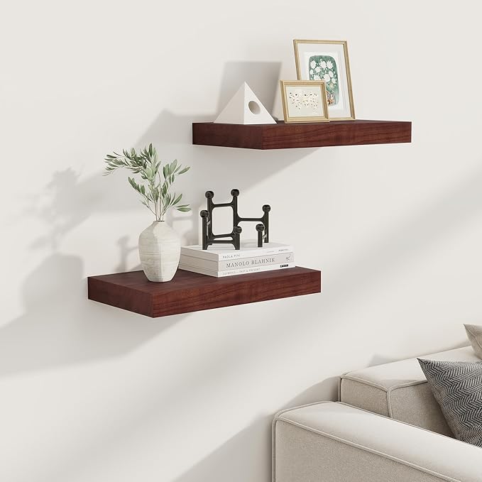 Fun Memories 9 Inch Deep Floating Shelves, Rustic Solid Wood Floating Shelf 16 Inch Long, 16 x 9 Wide Bathroom Shelves for Storage & Display, Walnut Color