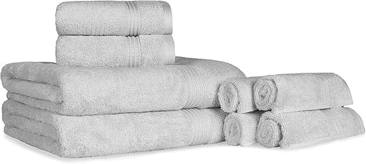 Superior Egyptian Cotton 8-Piece Towel Set, Assorted Towels for Home Bathroom, Guest Bath Decor Essentials, Includes 2 Bath, 4 Hand, 2 Face Towels/Washcloths, Quick Dry, Absorbent, Silver
