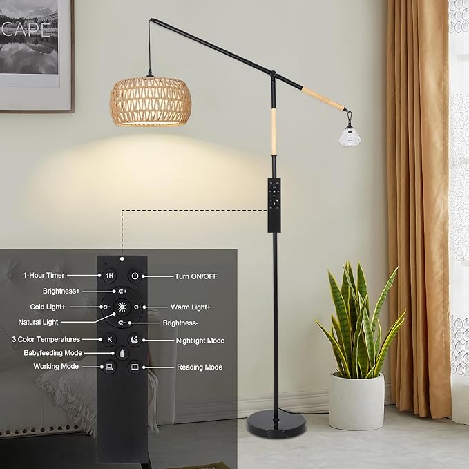 Arc Floor Lamps for Living Room, Rattan Floor Lamp with Remote, Boho Standing Lamp with Crystal Hanging Decor, Adjustable Arm Stand Up Lamp, Dimmable Tall Light for Bedroom Over Couch (Bulb Included)