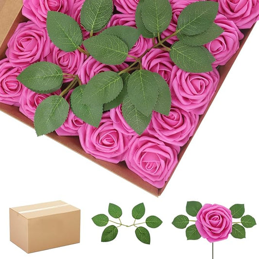200Pcs Hot Pink Artificial Flowers Roses Real Looking Foam Fake Roses with Leaves and for DIY Wedding Bouquets Bridal Shower Centerpieces Party Decorations (Hot Pink, 200)