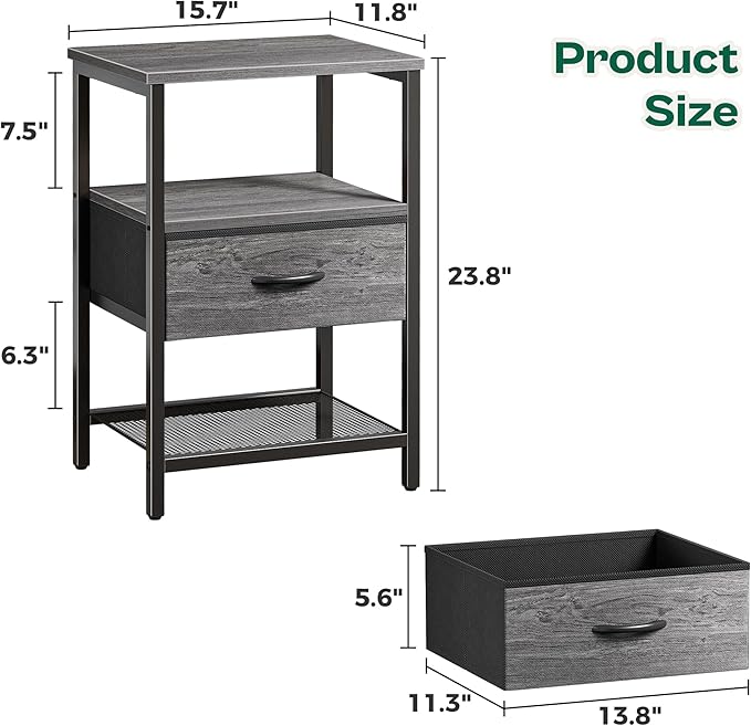 Huuger Nightstand Set of 2, Night Stand with Fabric Drawer, Mesh Shelf, Side Table with Storage, Fabric Drawer Dresser, Open Shelf, Metal Frame, Bedroom, Grey