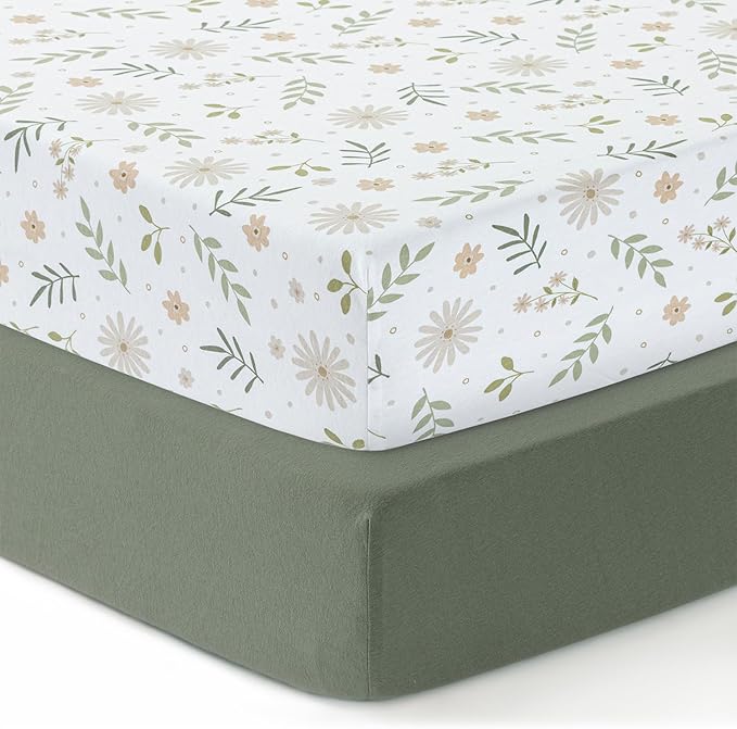 Baby Crib Fitted Sheet, 100% Cotton Knitted Jersey, Fit Standard Crib Mattresses, Fitted Crib Sheets, Super Soft, Toddler Fitted Sheet, Unisex,2 Pack,Green/Flowers, 28x52x9'