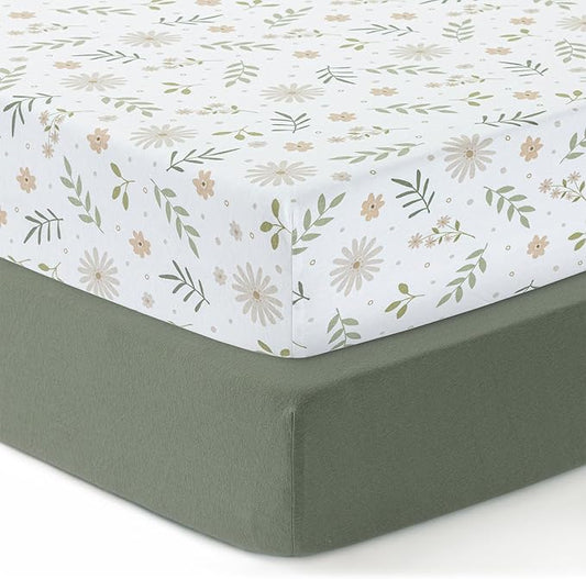 Baby Crib Fitted Sheet, 100% Cotton Knitted Jersey, Fit Standard Crib Mattresses, Fitted Crib Sheets, Super Soft, Toddler Fitted Sheet, Unisex,2 Pack,Green/Flowers, 28x52x9'