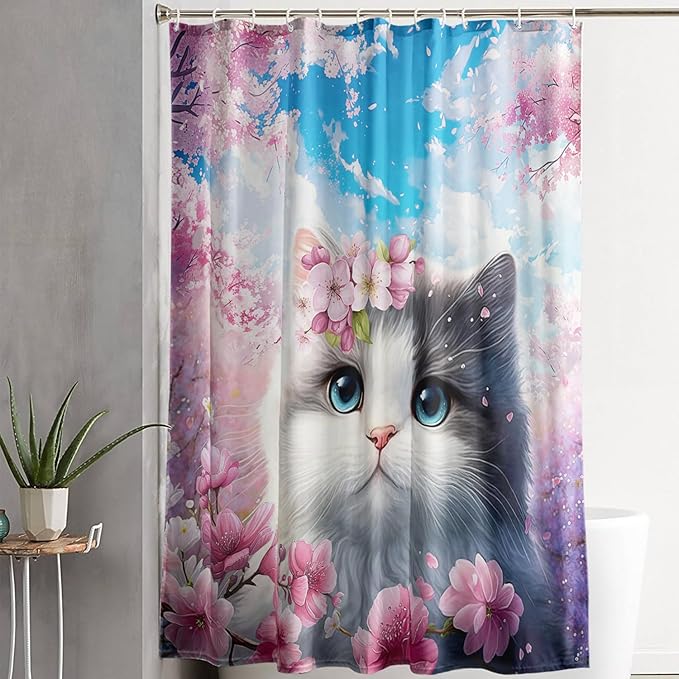 AILONEN Lovely Cat Shower Curtain Set, Pink Cherry Blossom Waterproof Fabric Shower Curtain for Kids Boys Girls,Fat Kitty Cloth Shower Curtain for Bathroom,60" W*72" H