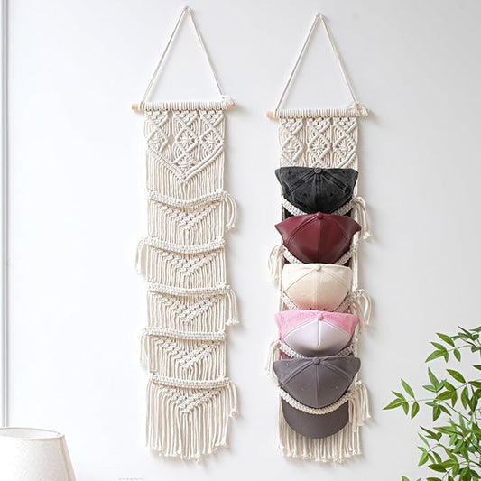 2 Pcs Baseball Cap Holder, Boho Macrame Hat Organizer for Wall, over the Door Hat Rack for Decoration and Display Handmade Hanger for Baseball Holder up to 20 Caps(White)