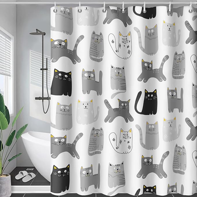 AILONEN Cat Shower Curtain 48" W*72" H Funny Cartoon Cat Grey Printed Bath Curtain Cat Theme Shower Curtain Minimalist Bathroom Curtain Decor Polyester Waterproof Curtain with 12 Hooks